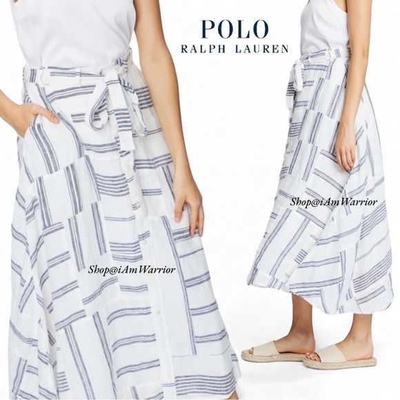 Polo by Ralph Lauren linen patchwork belted a-line midi skirt *shop@iamwarrior - Picture 3 of 9